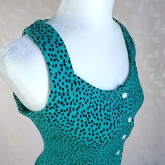 Vintage 90s South Beach Teal Black Polka Dot Cutout Back Button Front Mini Dress - Picture 7 of 15